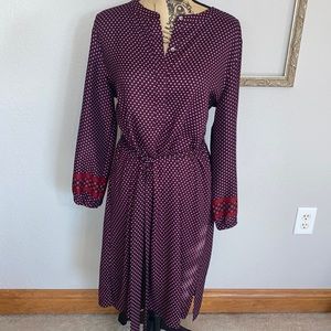 Loft Long Sleeve Burgundy Two Tone Polka Dot Women Button Up Dress Size Large